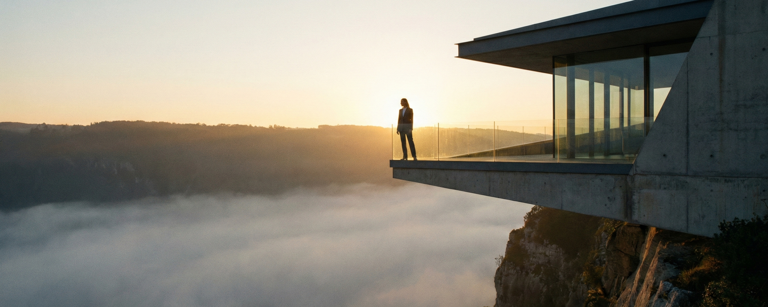 Person standing on the edge of a cliff looking down onto the clouds